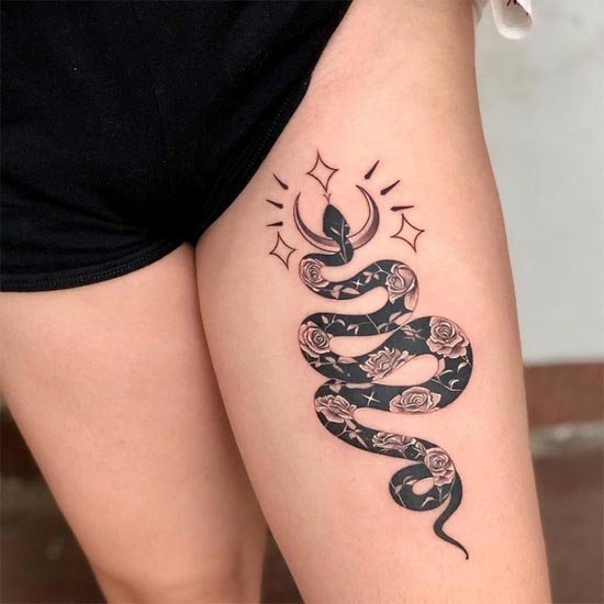 snake crescent moon roses tattoo design female leg thigh