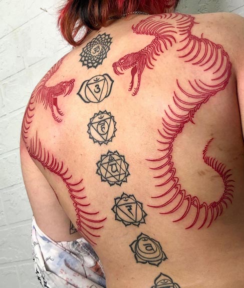 snake skeleton red color tattoo design female full back