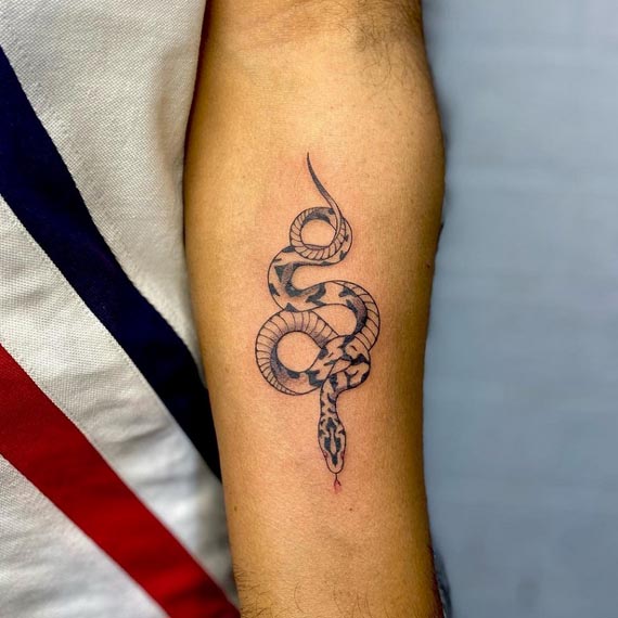 snake tattoo linework male forearm