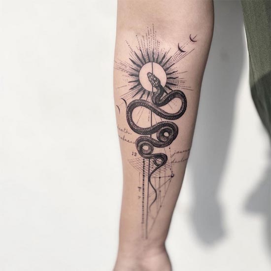 sun snake number 13 7 geometric pattern tattoo fine line female forearm