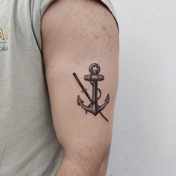 anchor katana sword tattoo male bicep