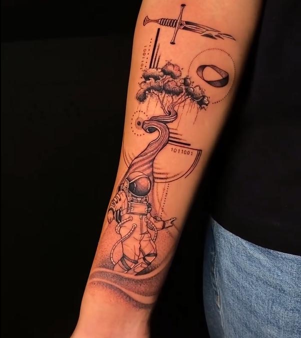 astronaut tree sword space tattoo geometric fineline male half sleeve