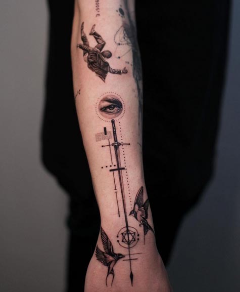 falling man eye sword birds geometric pattern tattoo fine line male forearm