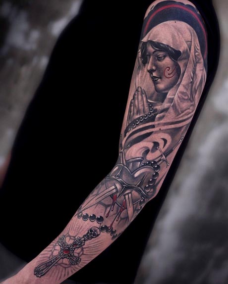 mother mary swords cross tattoo design male full sleeve