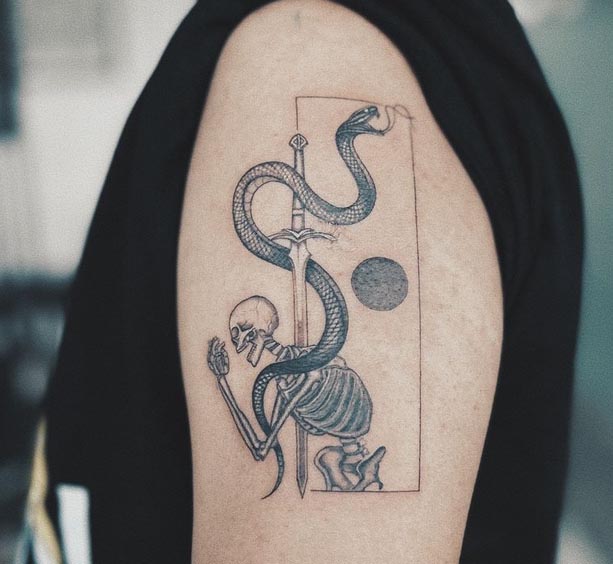 panel snake sword skeleton sun tattoo design male bicep