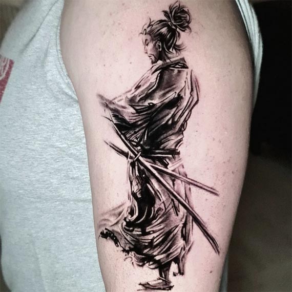 samurai standing with sword tattoo design male arm bicep