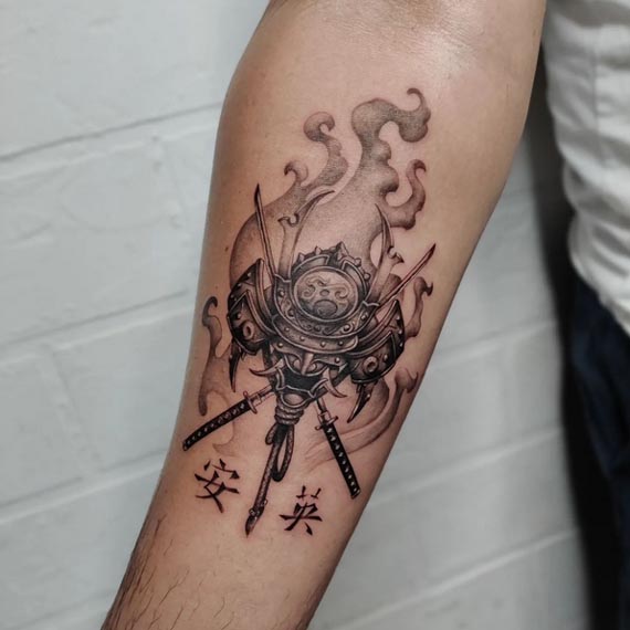 shield and 2 katana swords with smoke background tattoo design male forearm