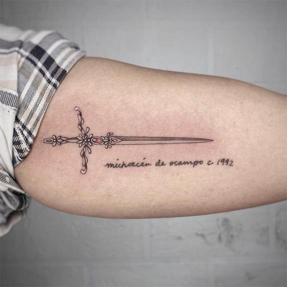 sword mexican state name michoacan de ocampo tattoo male bicep