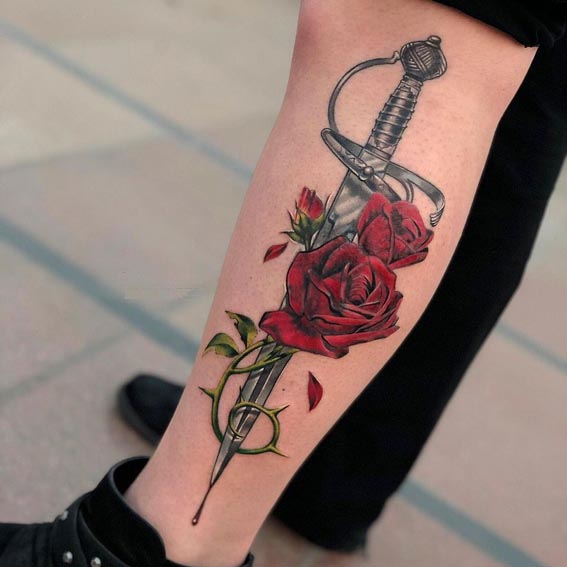 sword red roses tattoo design female leg