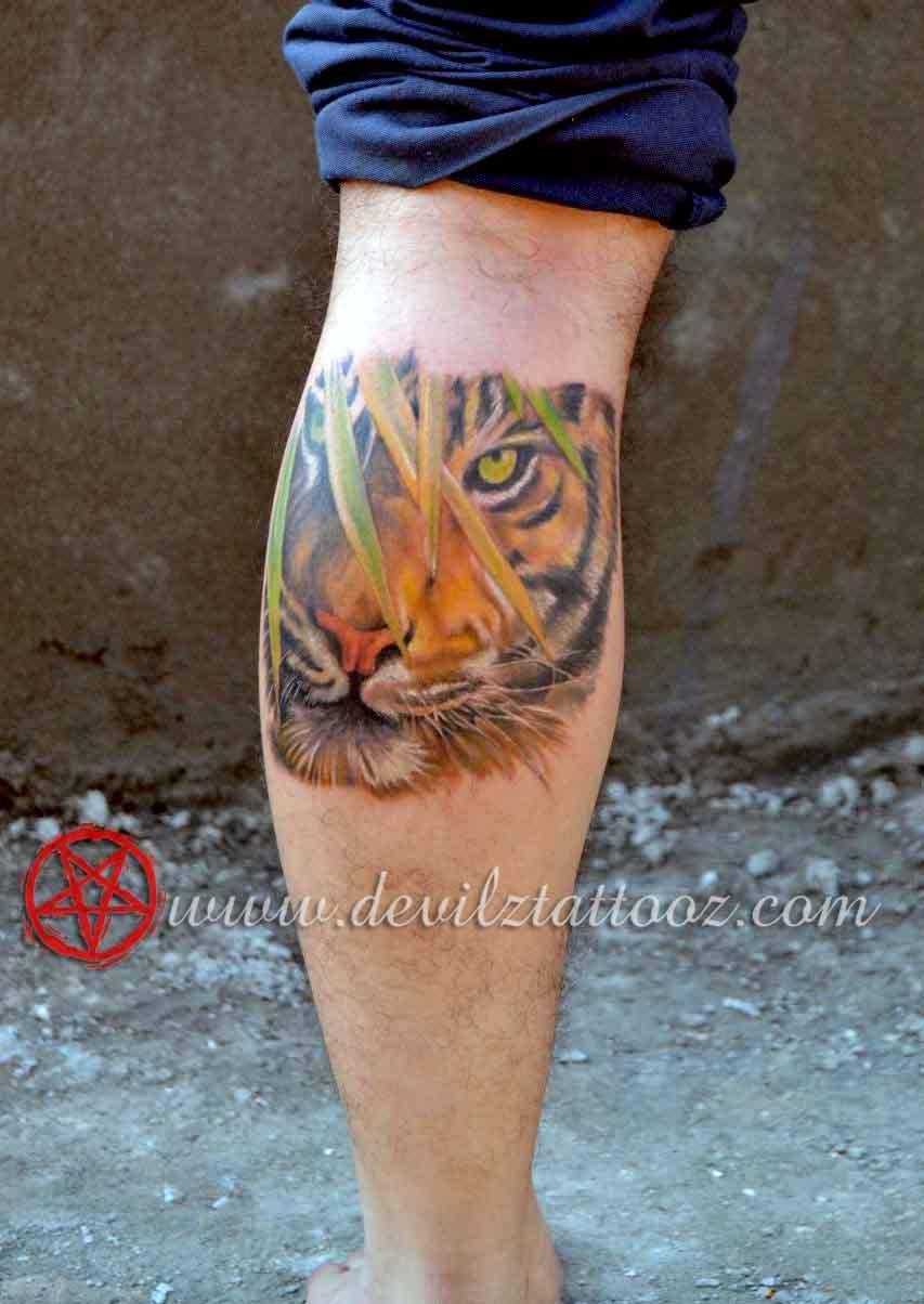 tiger realistic tattoo on calf