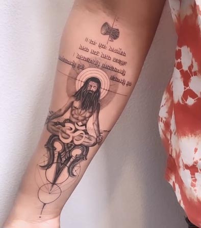 aghori sadhu om trishul damru mantra tattoo geometric fineline male forearm