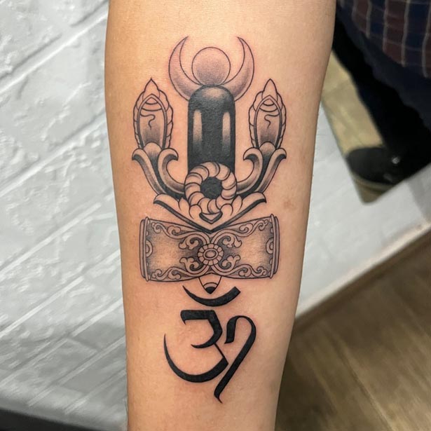 moon trishul damru om tattoo design male forearm