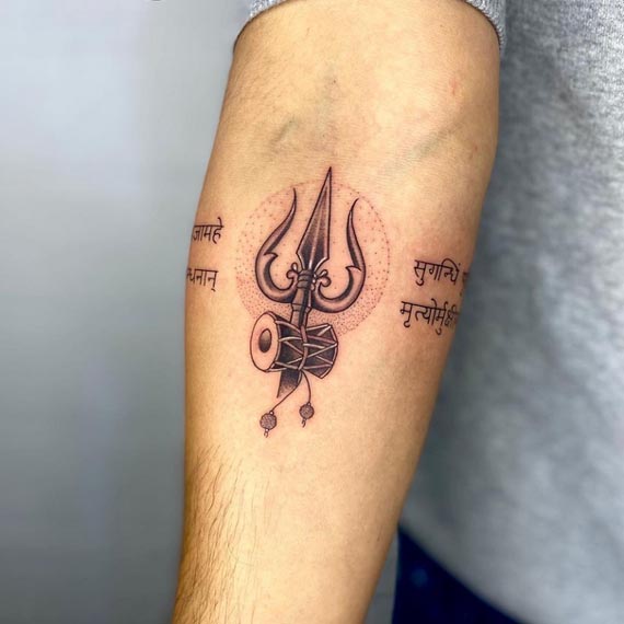trishul damru 2 rudraksha beads maha mrityunjaya mantra band tattoo male forearm