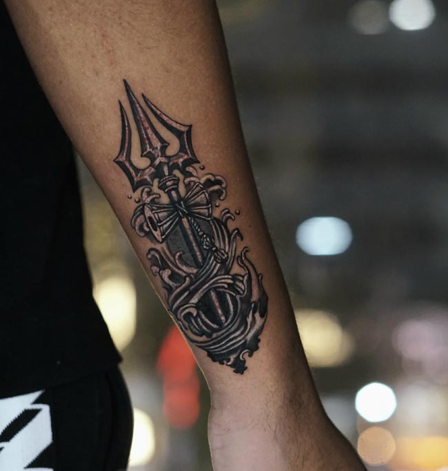 trishul damru rudraksha infinity shape coverup tattoo male forearm