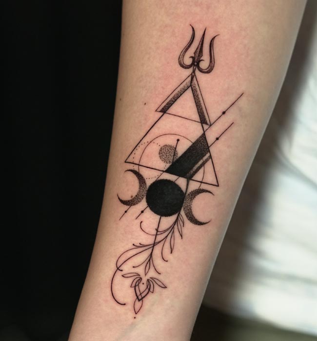 trishul multiple triangles sun moon leaves geometric fine line tattoo female forearm