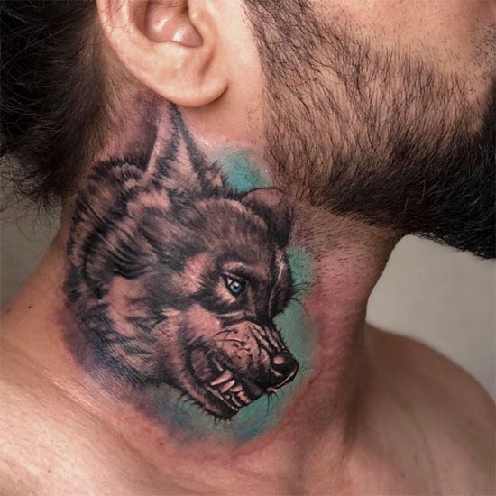 angry wolf side face with bluish color background tattoo design male neck