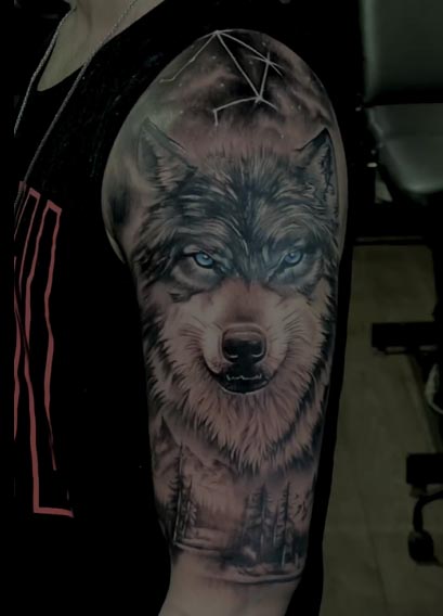 big wolf head with forest background constellation tattoo design male half sleeve