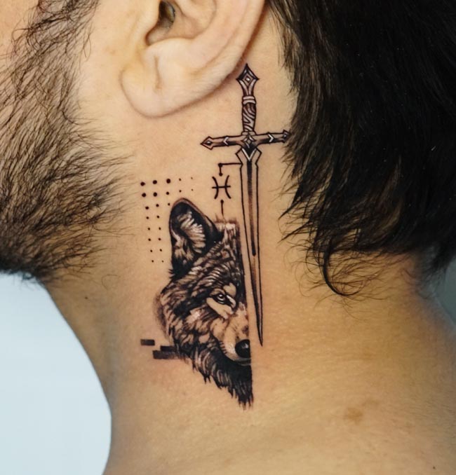 half wolf face adjacent to blade of sword tattoo male neck