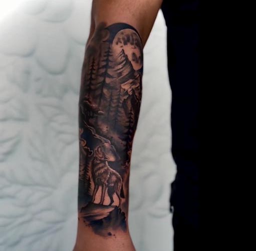 howling wolf at nightfall in forest tattoo male half sleeve