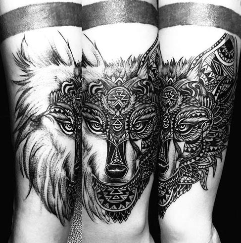mandala wolf head tattoo idea male forearm
