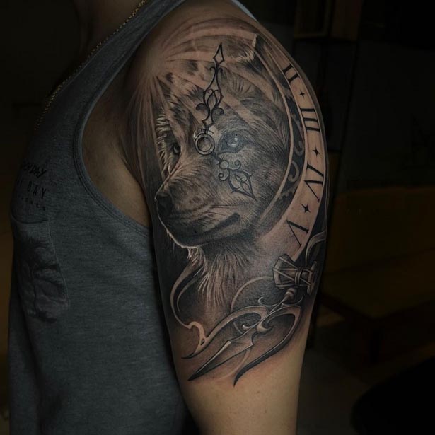 wolf clock trishul damru tattoo design male bicep