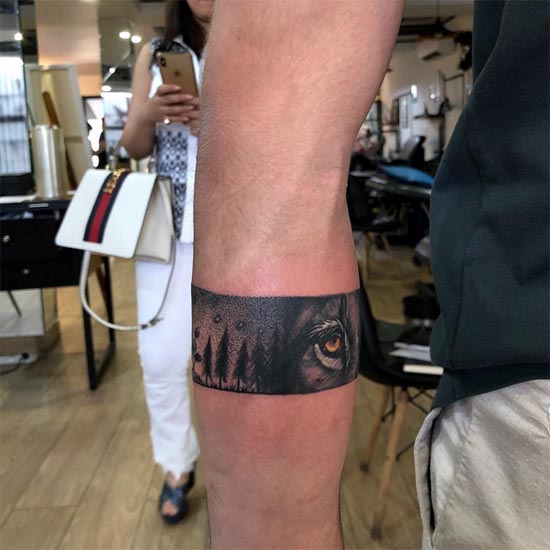 wolf face forest armband tattoo design male forearm 4