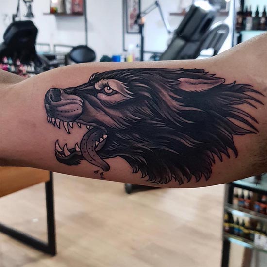 wolf head tattoo design bicep male black and grey