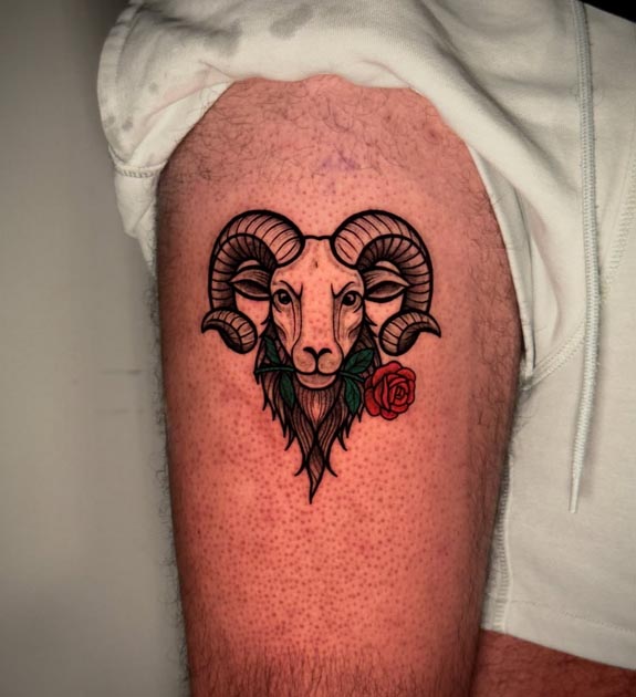 aries zodiac sign tattoo on man thigh