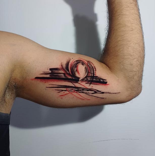 libra zodiac sign tattoo trash polka black and red man inner bicep